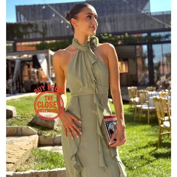 💚 ZARA Halter Neck Midi Dress NWT | Sea Green Ruffle Floral Detail M/L - Picture 5 of 16